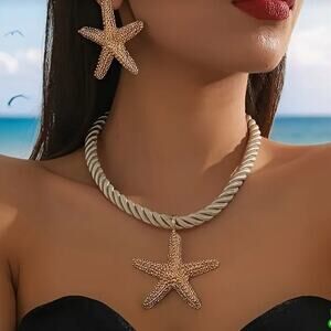 Starfish Necklace Women's Earrings Set Gold Nautical Cruise Ocean Vibes Beach